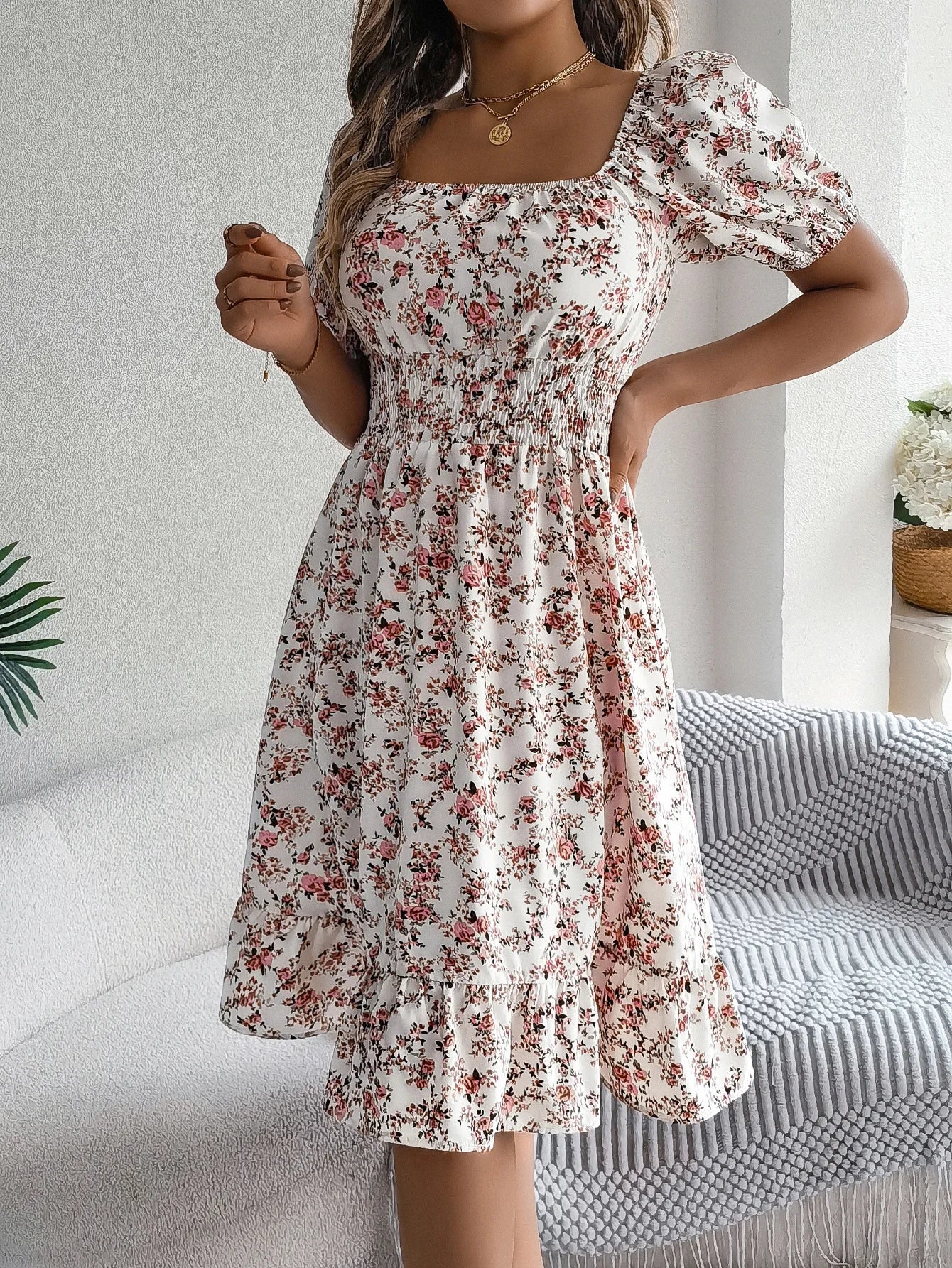 Women's Floral 3D Print Square Neck Dress